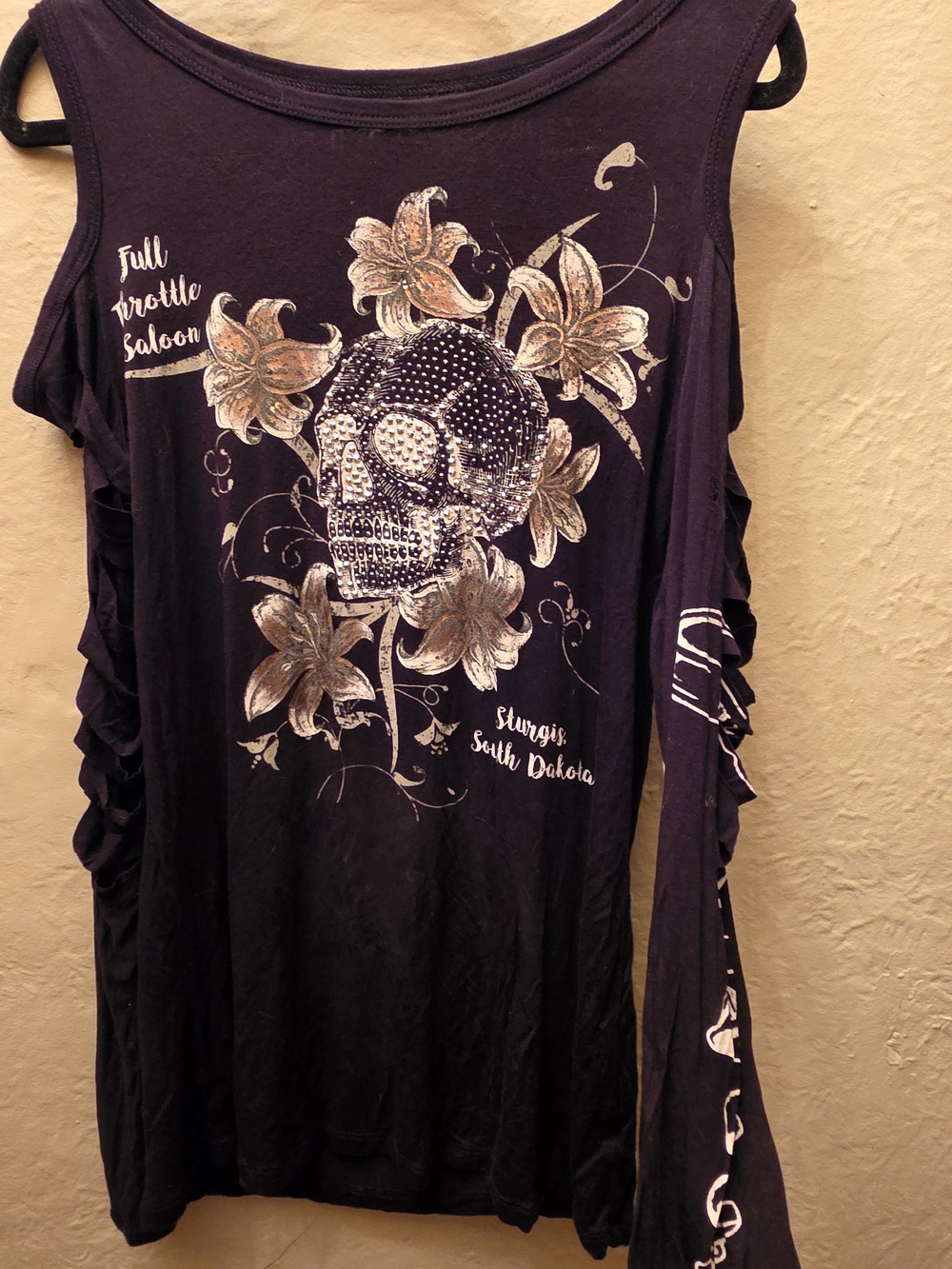 Full Throttle Saloon Sturgis Rhinestone Skull Cold Shoulder Biker Top M/L